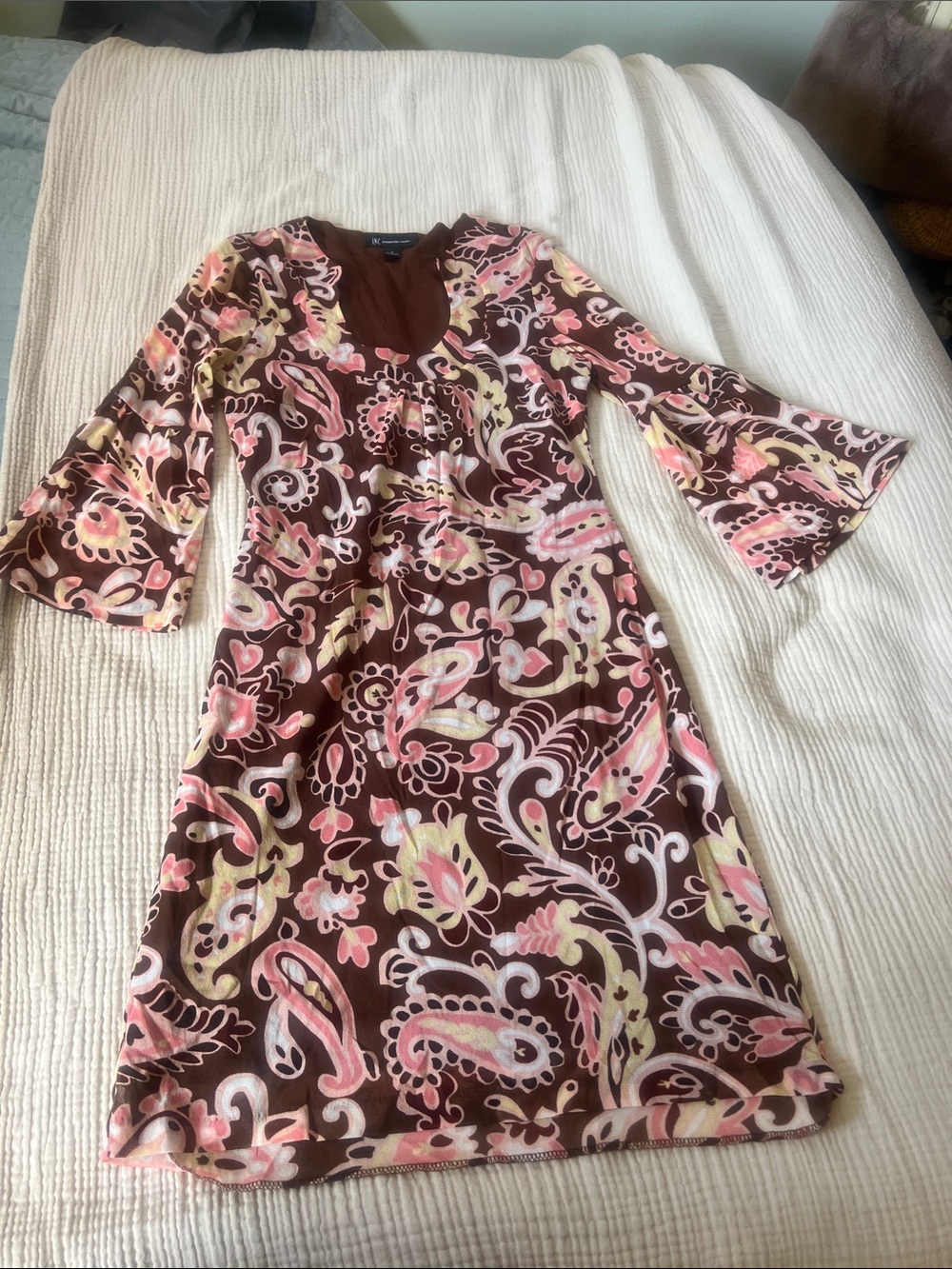Women's Brown Paisley Bell-Sleeve Dress